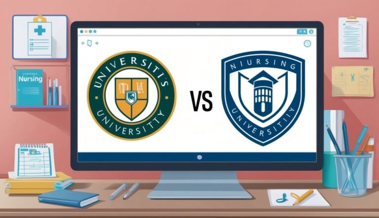 University logos on a computer screen, with nursing-related items on a desk