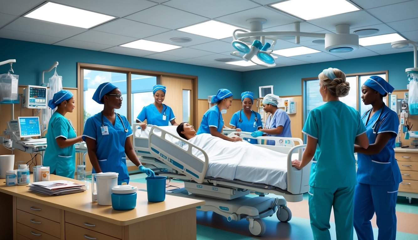 A bustling hospital unit in Texas, with RNs attending to patients and collaborating with other healthcare professionals