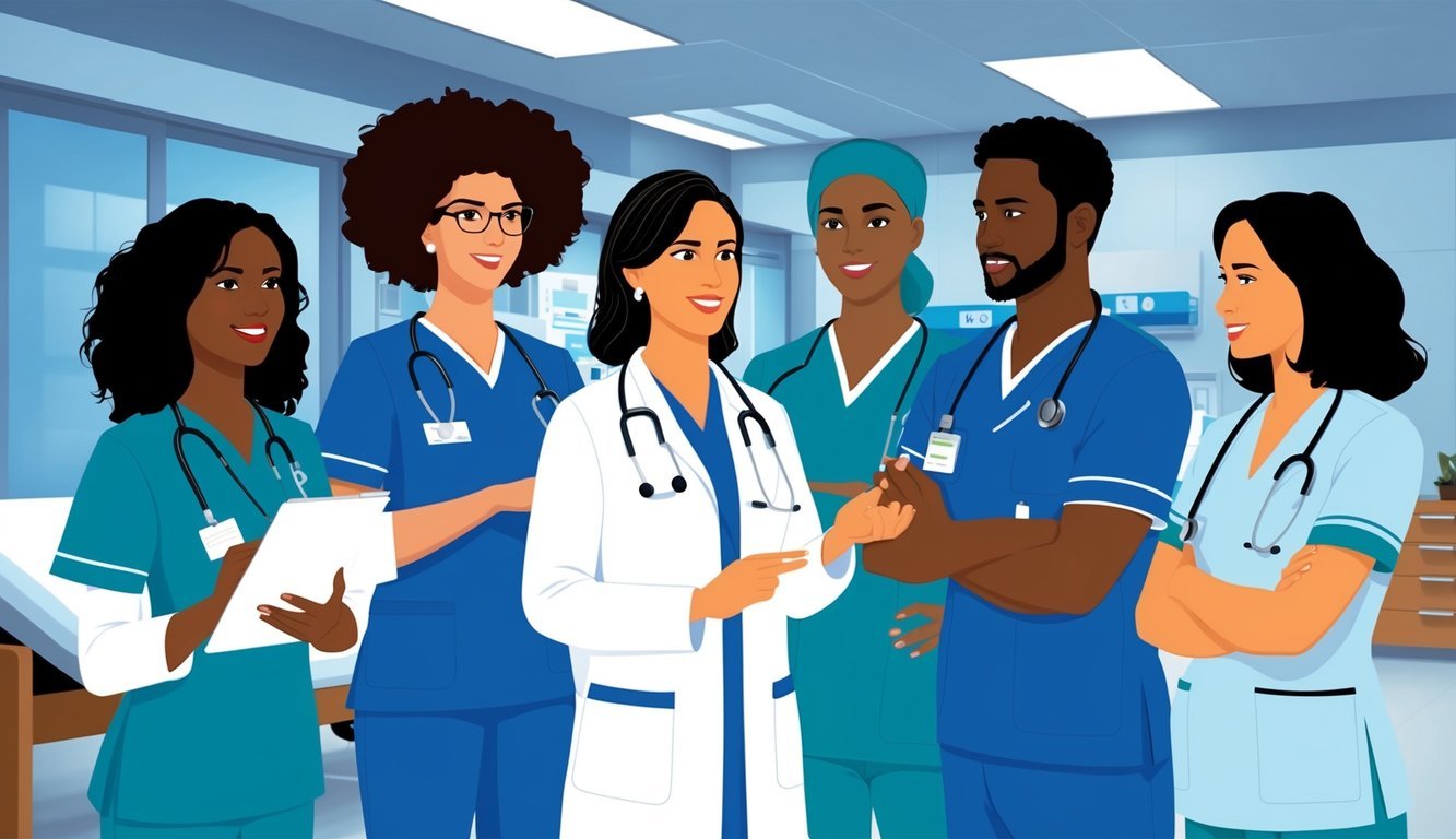 A group of RNs in a hospital setting, discussing compensation in Texas