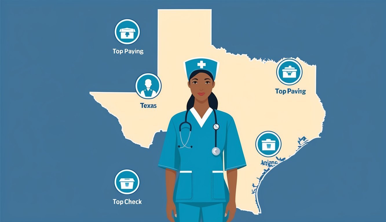 A nurse in scrubs standing in front of a Texas map with icons representing top paying employers