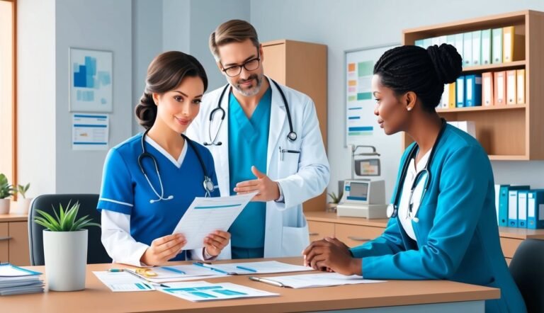 Three medical professionals reviewing paperwork at a desk in an office