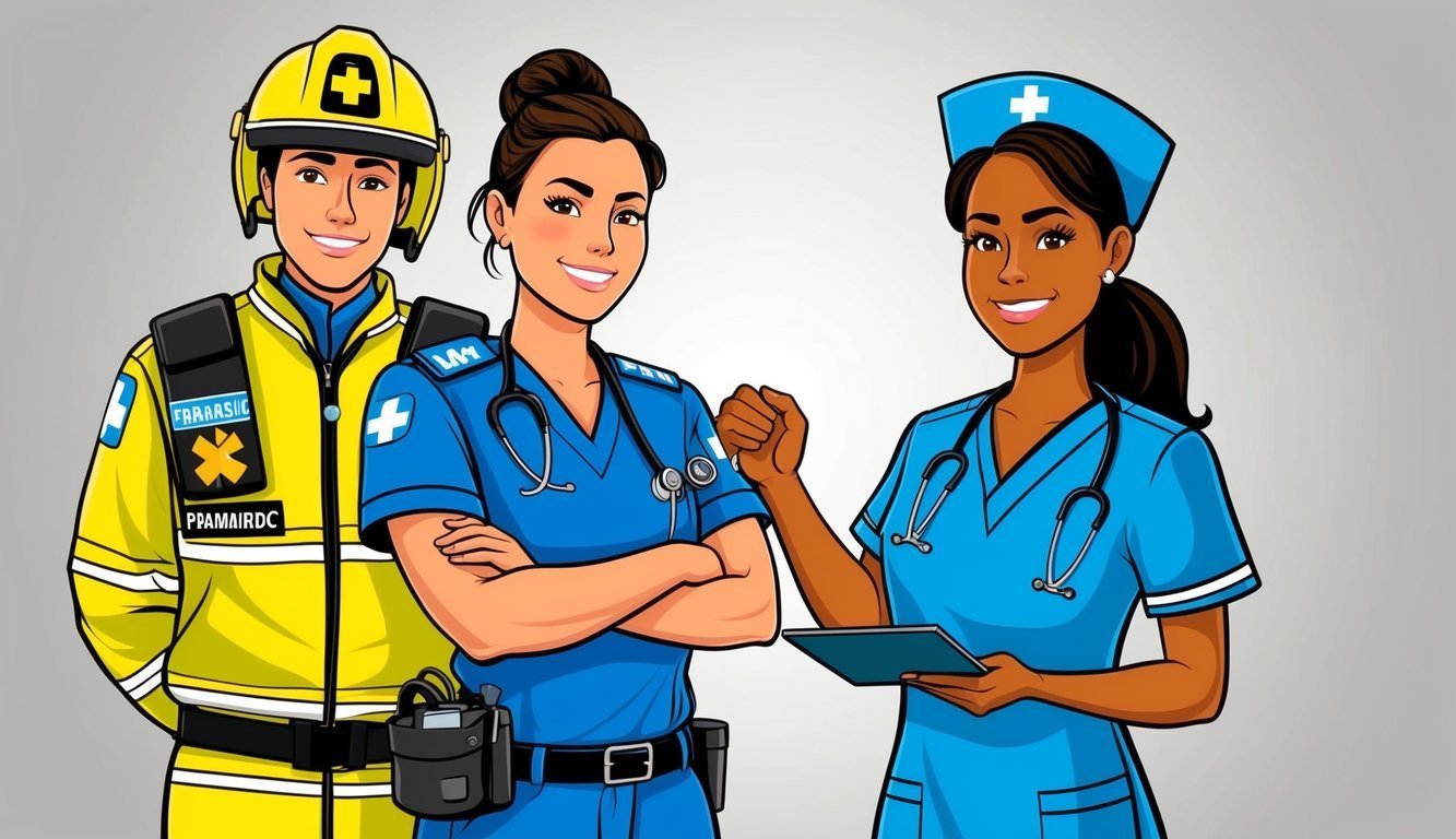 Cartoon of a firefighter and two nurses smiling, ready to help