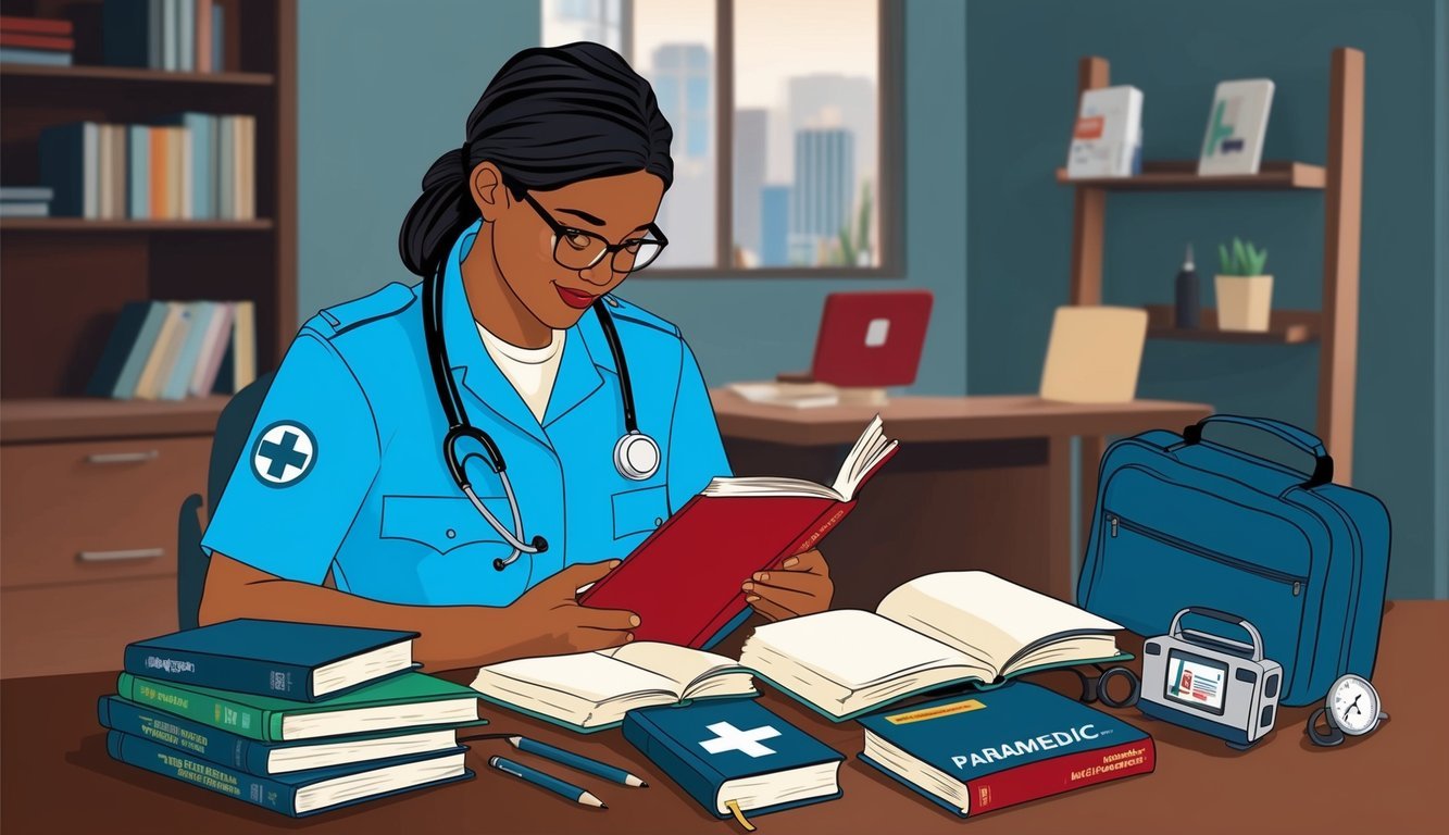 A paramedic studying textbooks and medical equipment for an RN bridge program