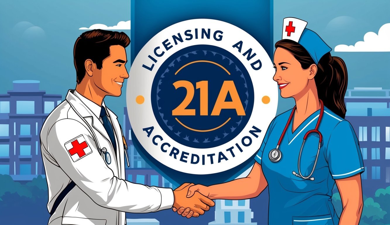 A paramedic and a registered nurse shaking hands in front of a licensing and accreditation banner