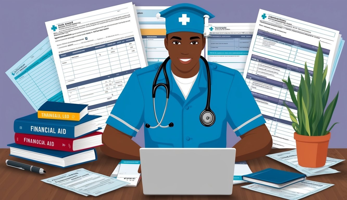 A paramedic studying with textbooks, stethoscope, and laptop surrounded by financial aid and scholarship paperwork