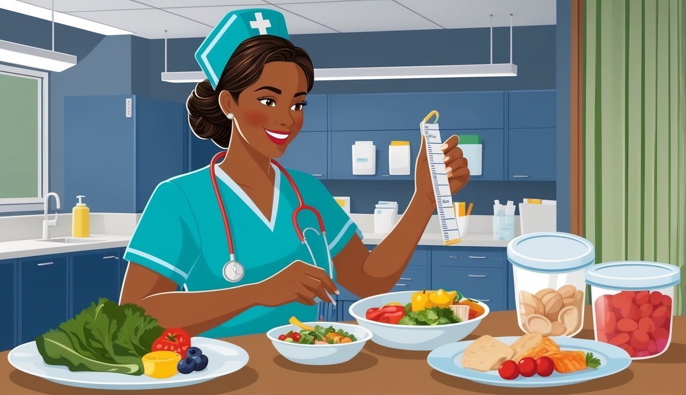 Nurse measuring food portions, smiling, with healthy meals on a table