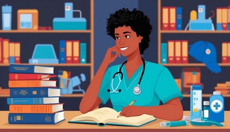 Smiling nurse in scrubs writing in a book, surrounded by medical supplies and books