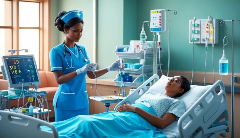 Nurse tending to a patient in a hospital room with medical equipment