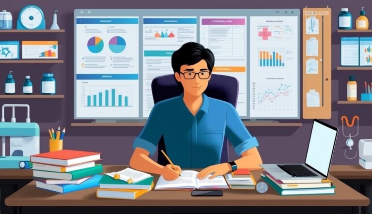 Man in glasses writing at desk with charts and laptop