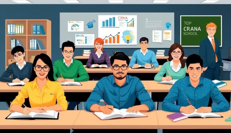 Students in a classroom writing, with a teacher standing near a chalkboard