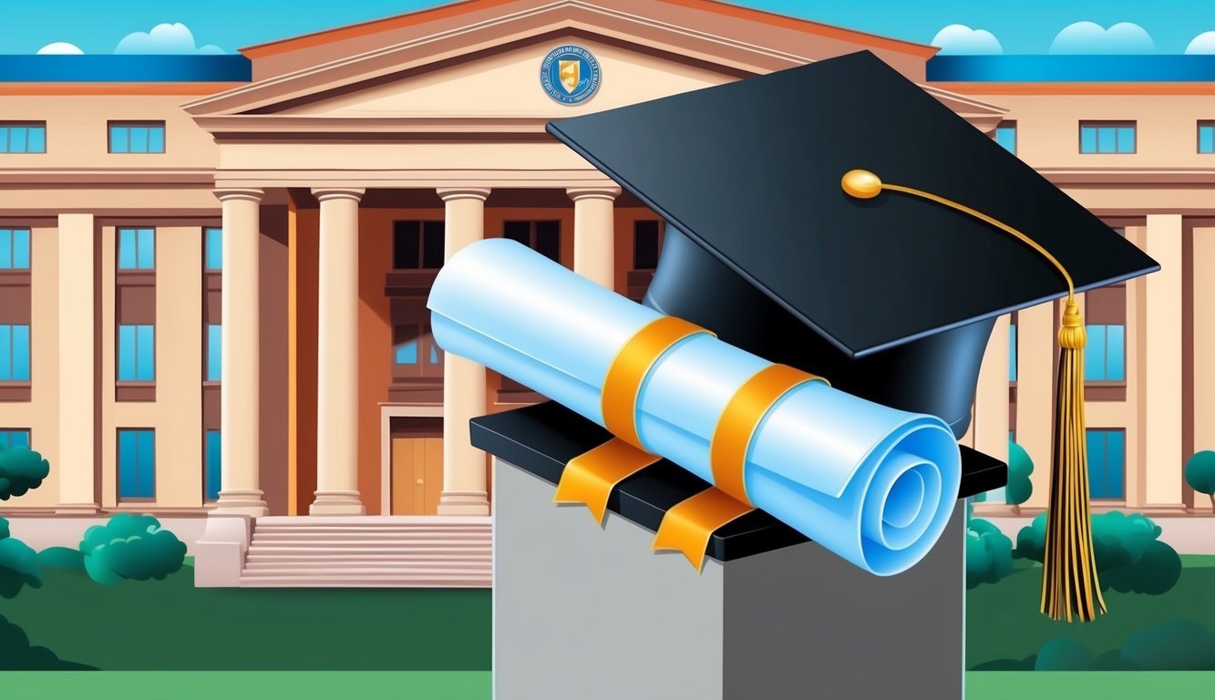 A graduation cap and diploma on a podium with a university building in the background