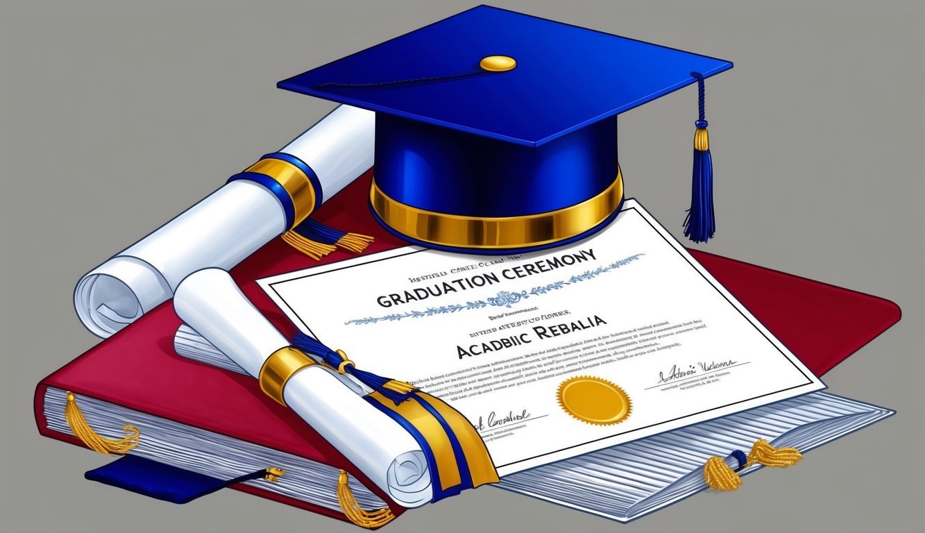 A graduation ceremony with academic regalia and a diploma