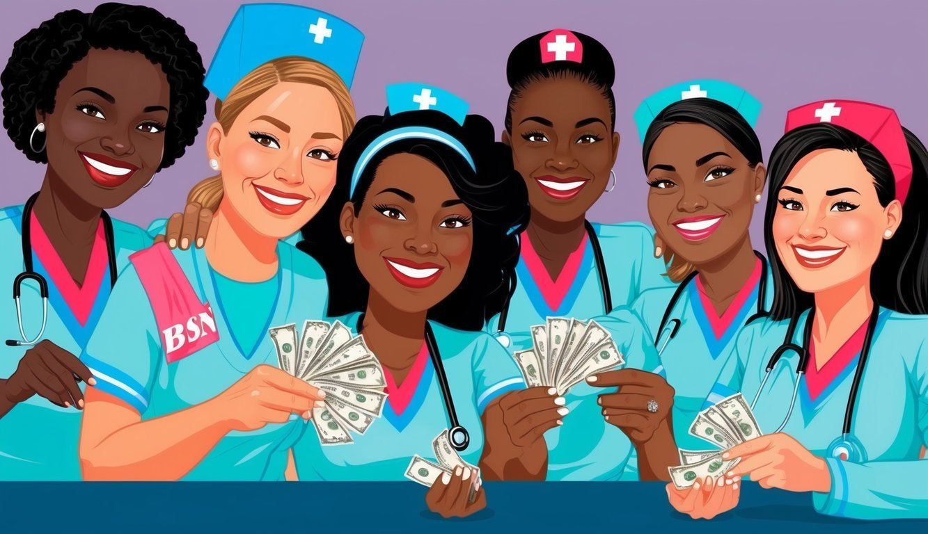 Cartoon nurses holding money, smiling, wearing scrubs and caps