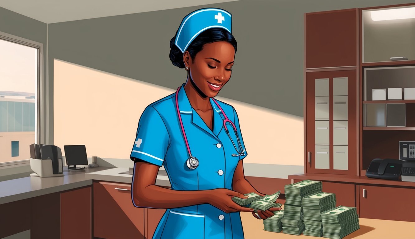 A nurse in BSN uniform counting a stack of money