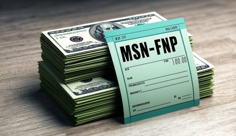 Stacks of $100 bills next to a green form labeled "MSN-FNP"