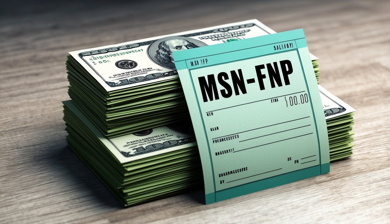 Stacks of $100 bills next to a green form labeled "MSN-FNP"
