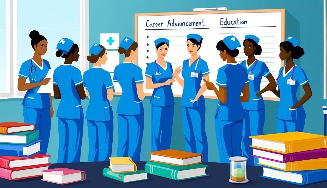 A group of nurses in scrubs gather around a whiteboard, discussing career advancement and education opportunities.</p><p>Books and medical equipment are scattered around the room