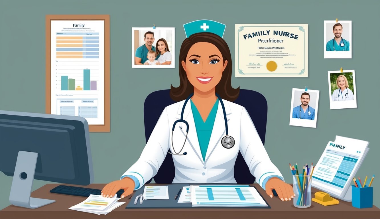 A family nurse practitioner in a white coat, stethoscope around neck, sitting at a desk with a computer and medical charts, surrounded by family photos and a diploma on the wall