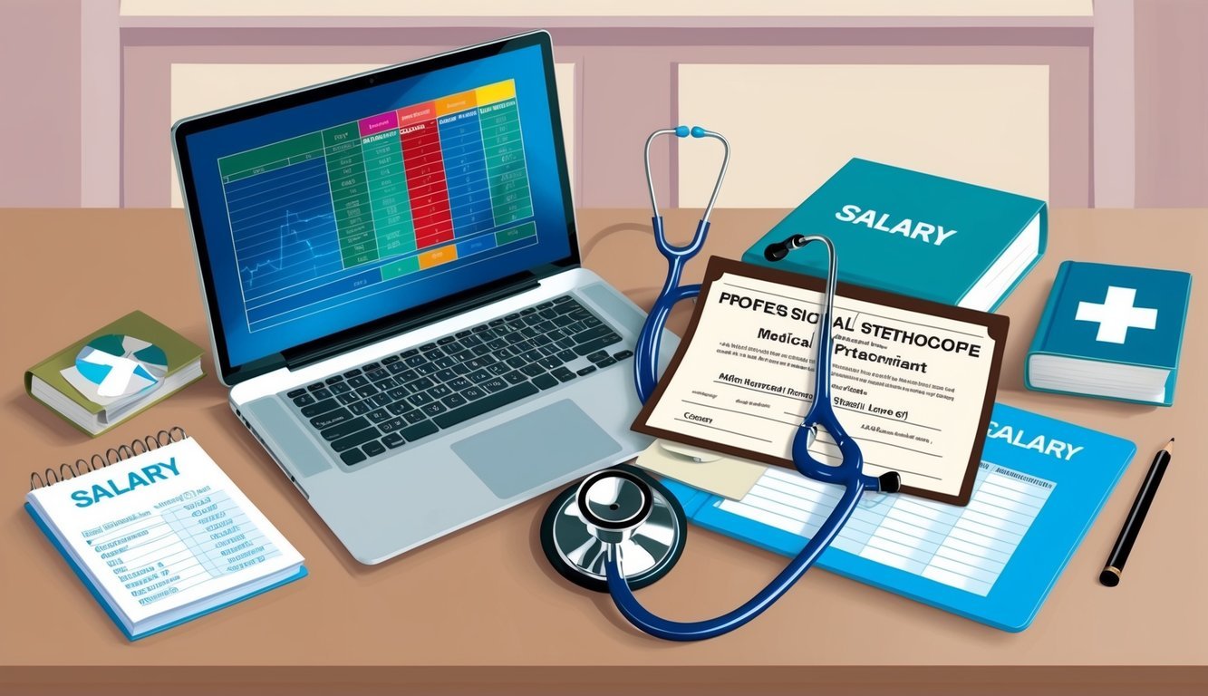 A diploma and stethoscope on a desk next to a laptop, surrounded by medical textbooks and a salary chart