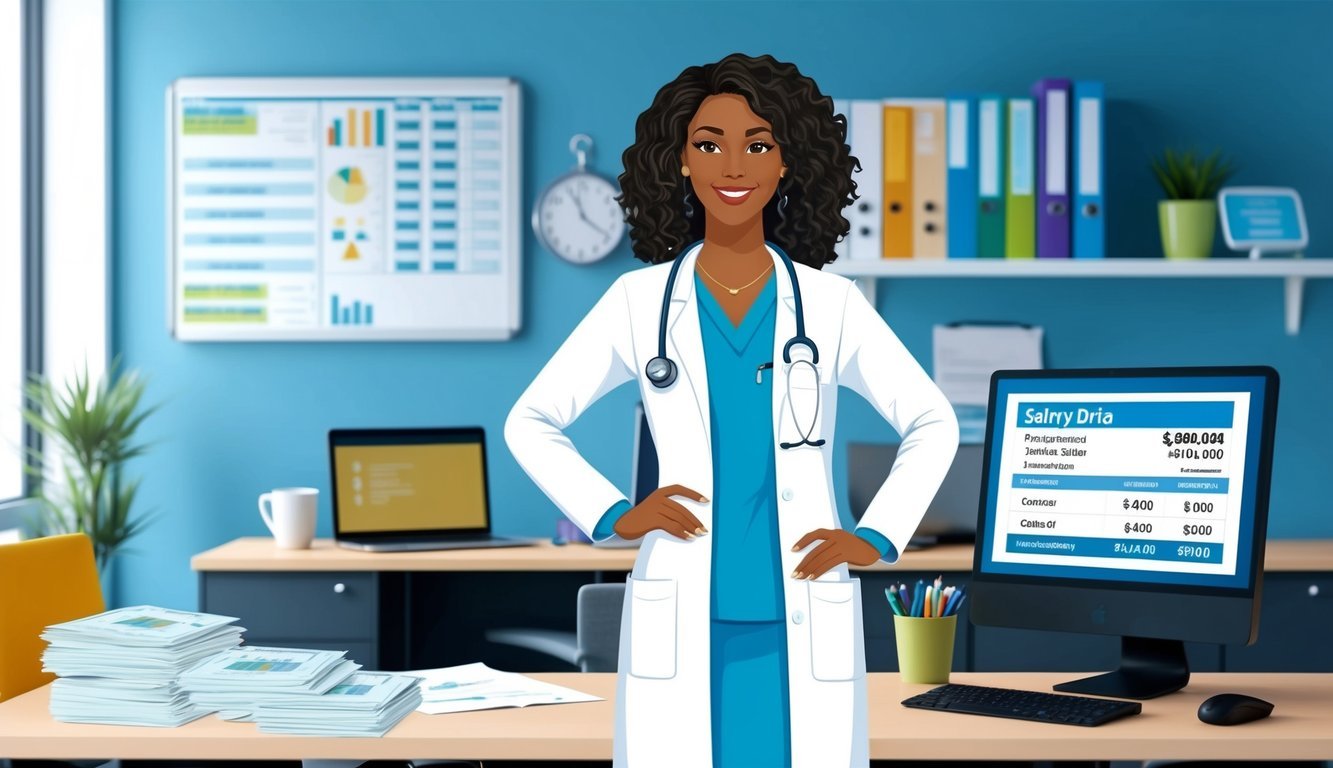 A nurse practitioner in a white coat stands confidently in a modern office, surrounded by medical charts and a computer displaying salary data