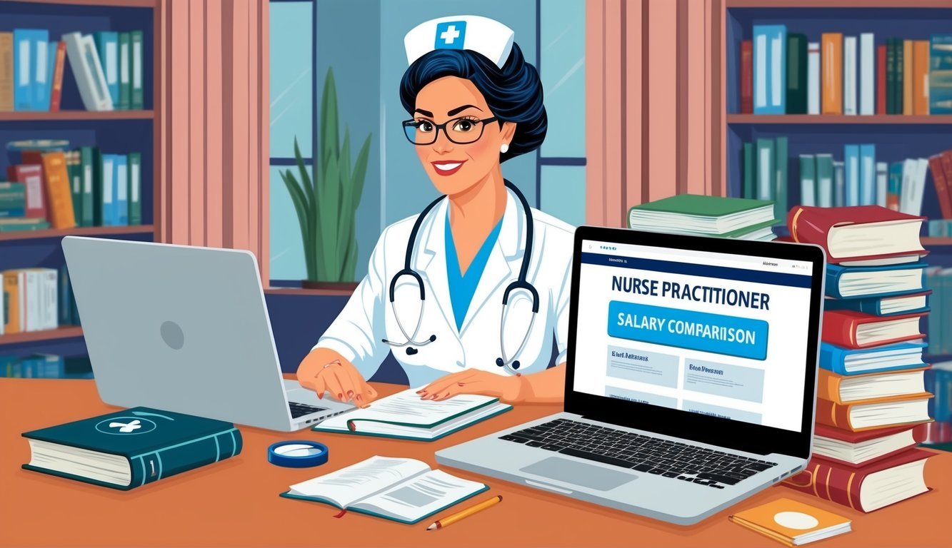A nurse practitioner attending a seminar, surrounded by medical books and journals, with a laptop open to a salary comparison website