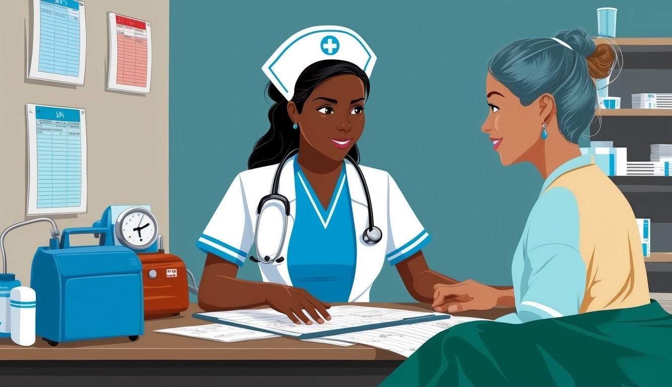An MHA nurse consulting with a patient, surrounded by medical equipment and charts