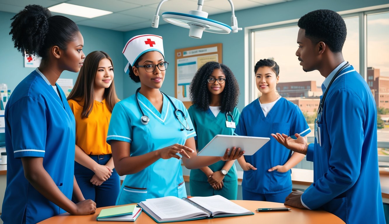 A nurse in a hospital setting, discussing educational pathways with a group of students