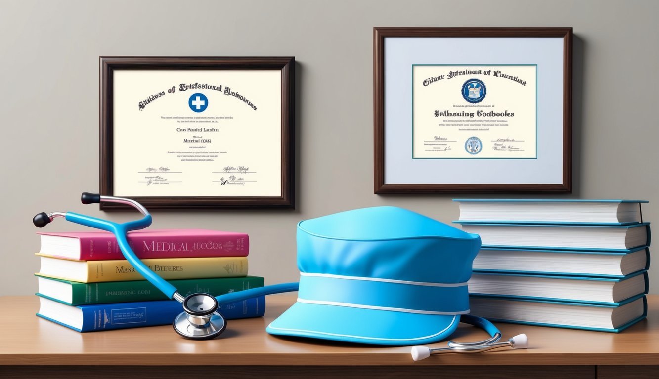 A stethoscope and nursing cap sit on a desk beside a stack of medical textbooks, with a framed degree hanging on the wall