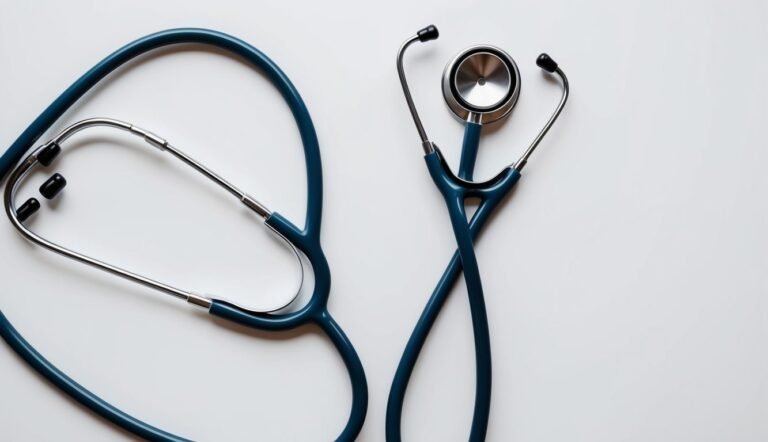 Two blue stethoscopes on a white surface, medical equipment