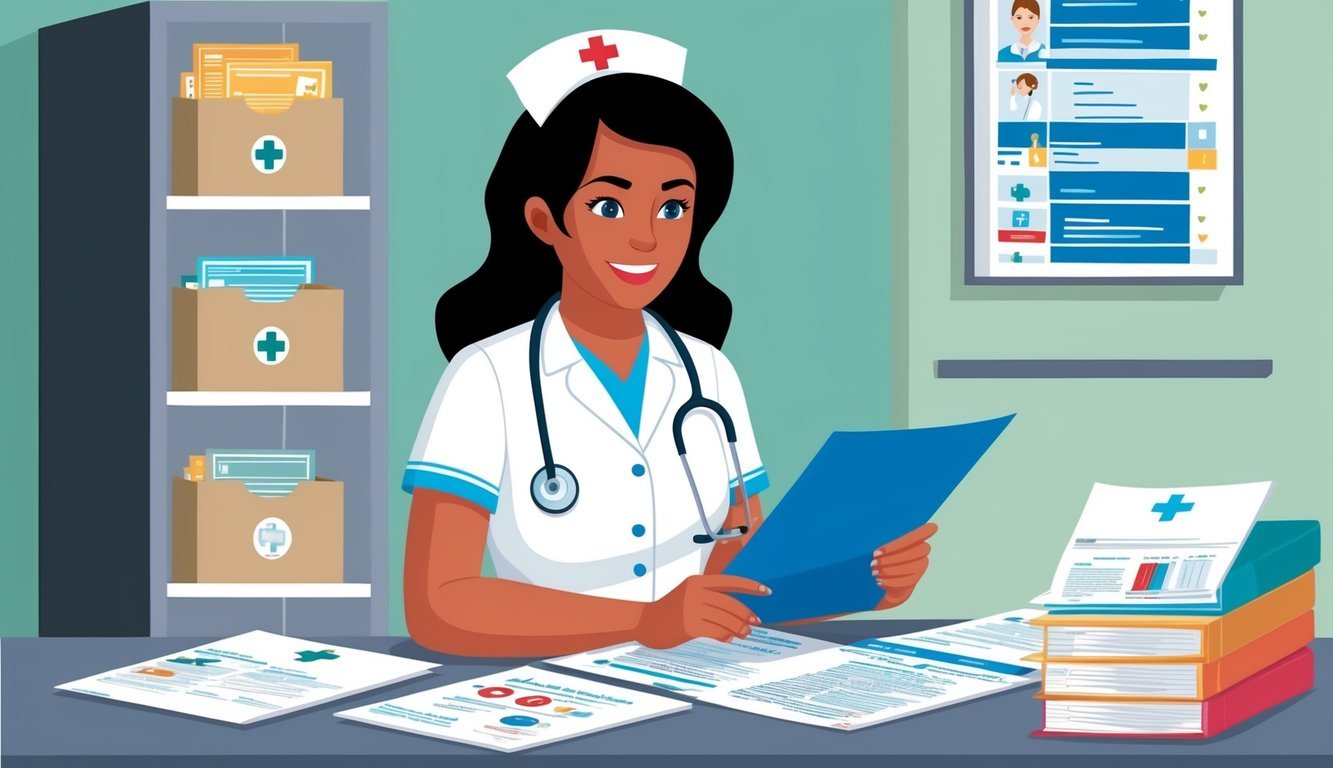 A nurse reviewing healthcare quality and policy documents