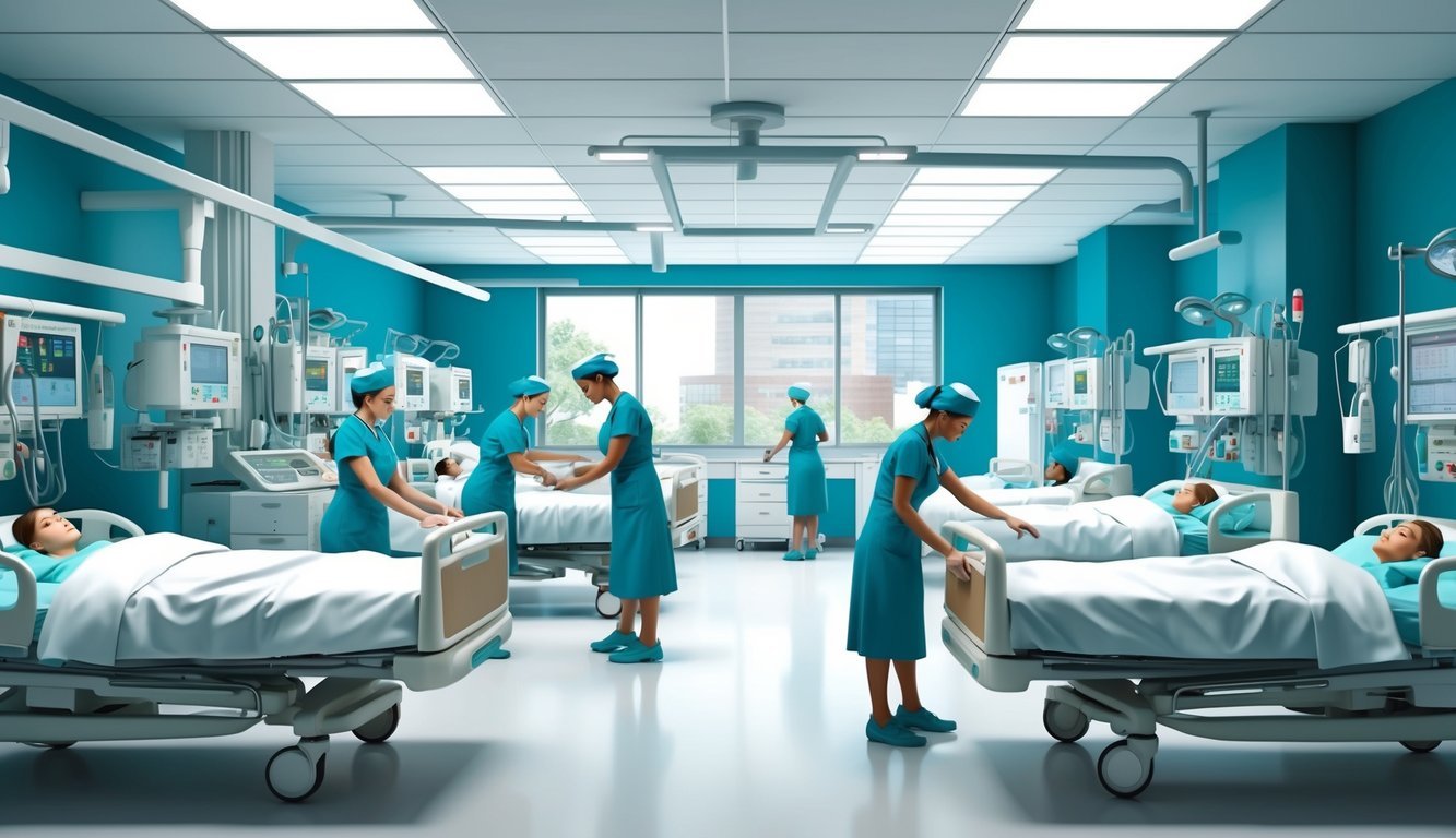 A bustling hospital ward with modern medical equipment and busy nurses tending to patients, reflecting the growth potential of the healthcare industry
