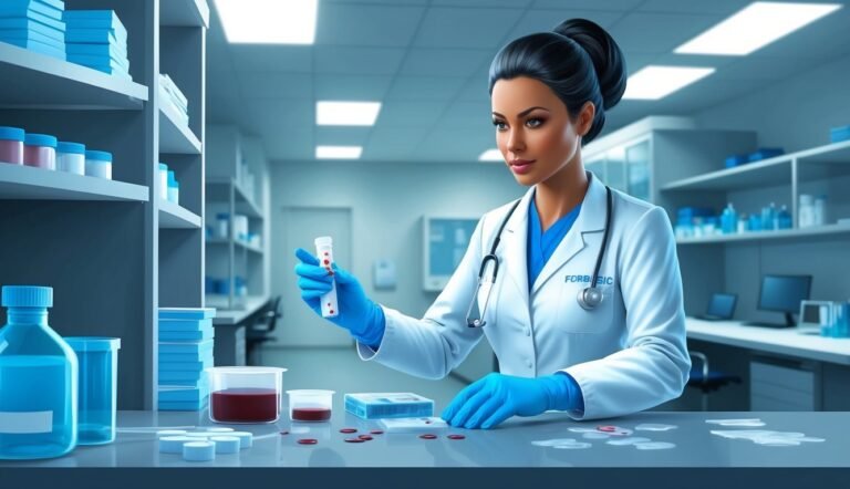 A lab technician examines a vial of blood in a sterile laboratory setting