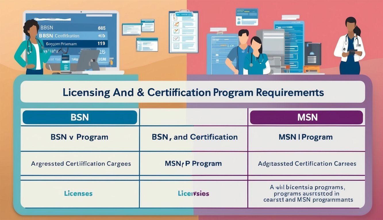 A comparison chart showing different licensing and certification requirements for BSN and MSN programs