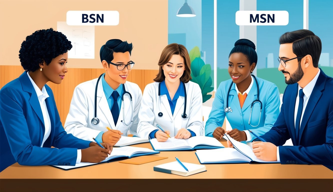 A group of professionals engaged in discussion and study, with one group focusing on BSN and the other on MSN