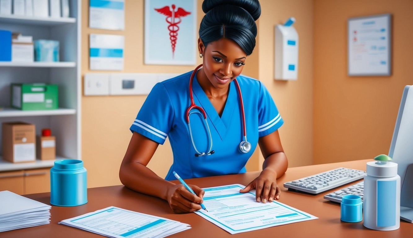 A smiling nurse in scrubs writing on paperwork at a desk