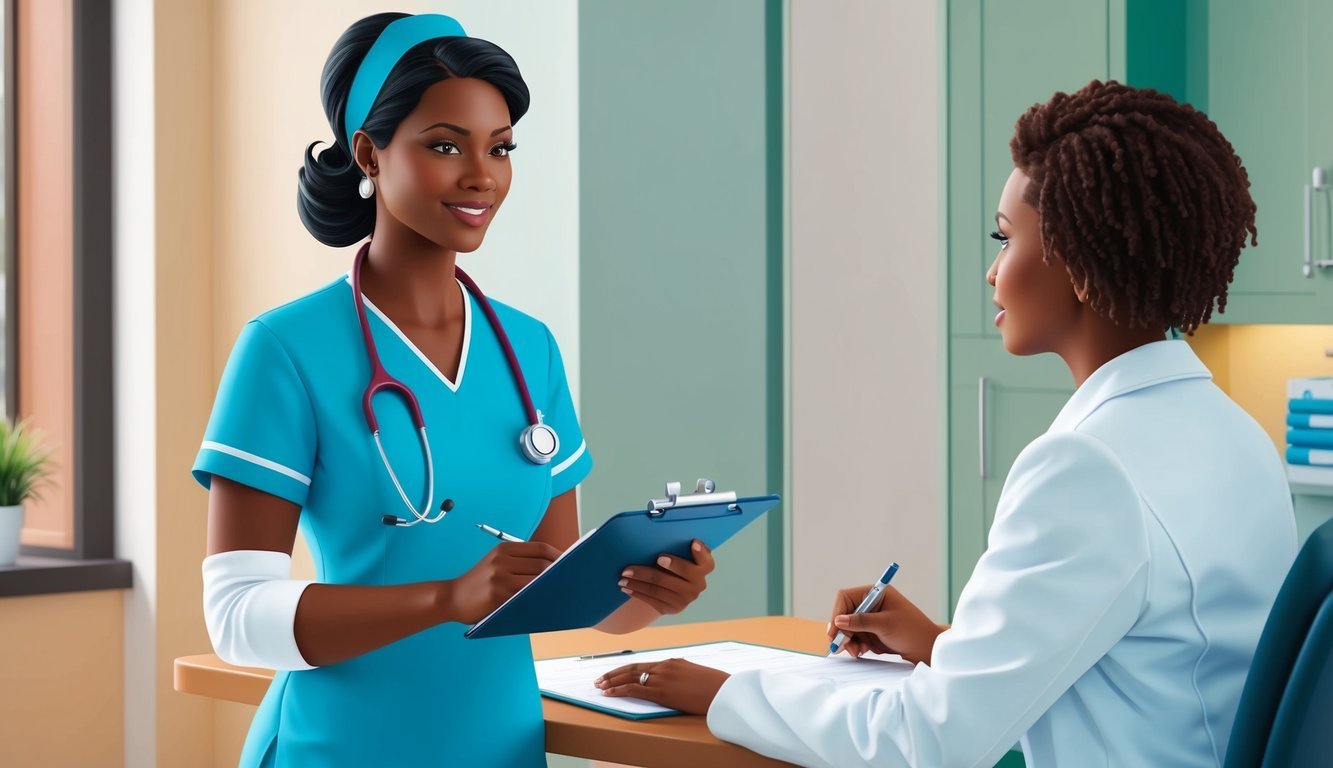 A nurse practitioner with a stethoscope and prescription pad, consulting with a patient in an exam room