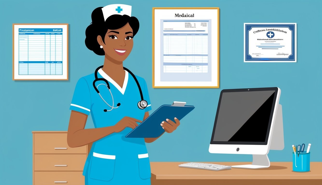 A nurse practitioner holding a prescription pad and a stethoscope, standing in front of a medical chart and a computer with a diploma and certification displayed on the wall