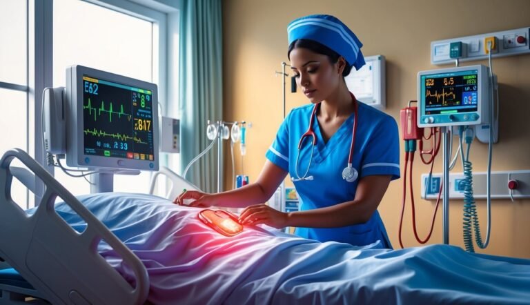 Nurse in blue scrubs tending to a patient in a hospital bed