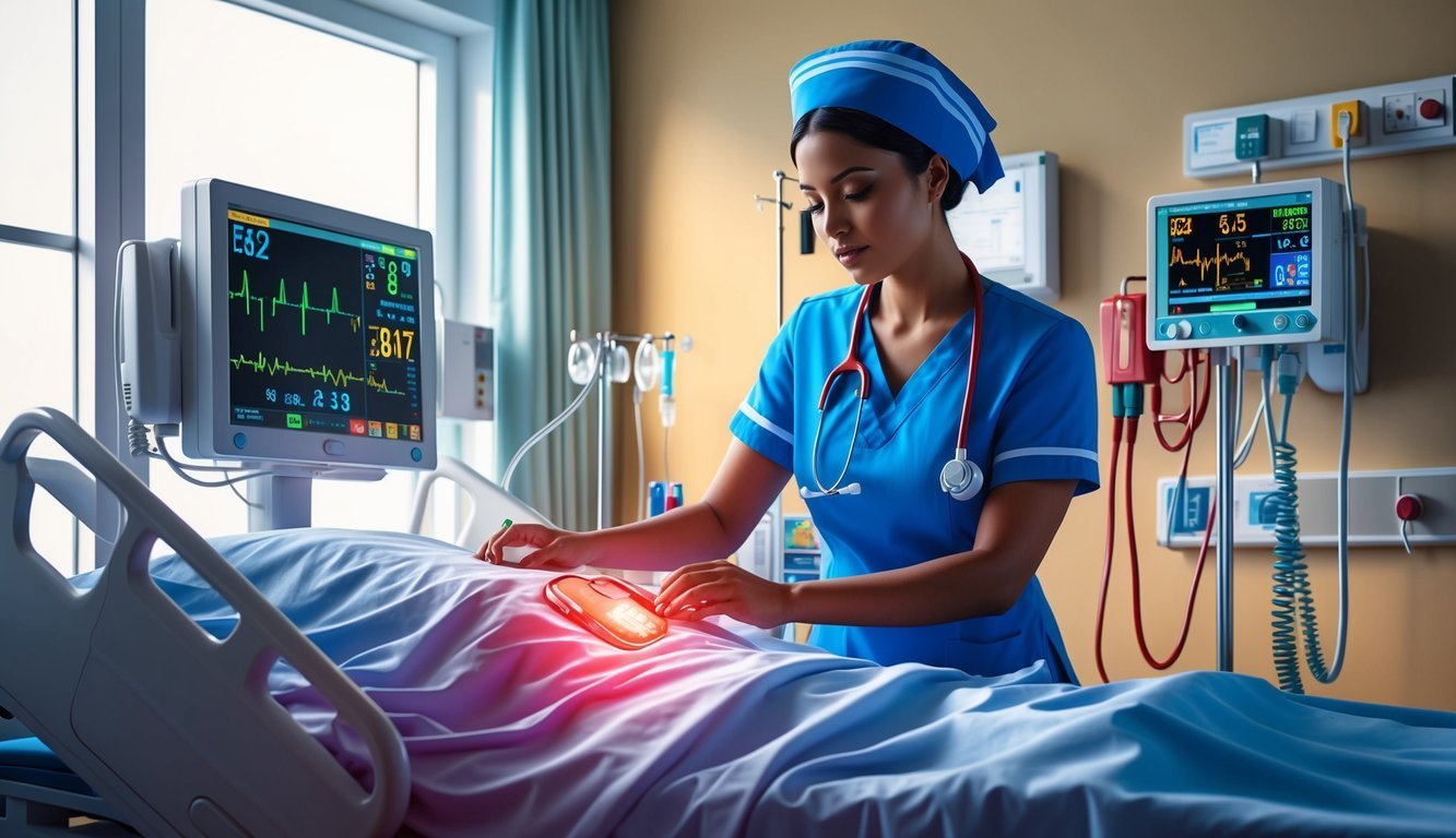 Nurse in blue scrubs tending to a patient in a hospital bed