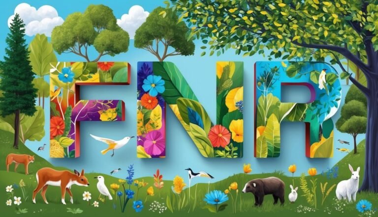 Colorful "FNR" letters with nature elements and various animals