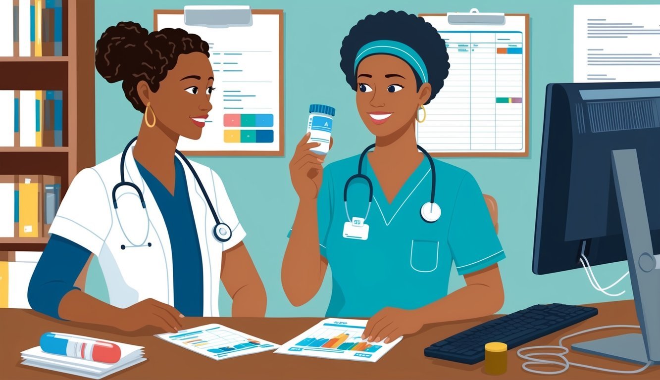 An aprn confidently discusses medication with a patient, surrounded by medical charts and a computer screen