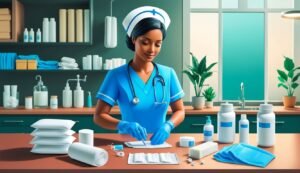 Nurse in blue scrubs preparing medical supplies on a counter