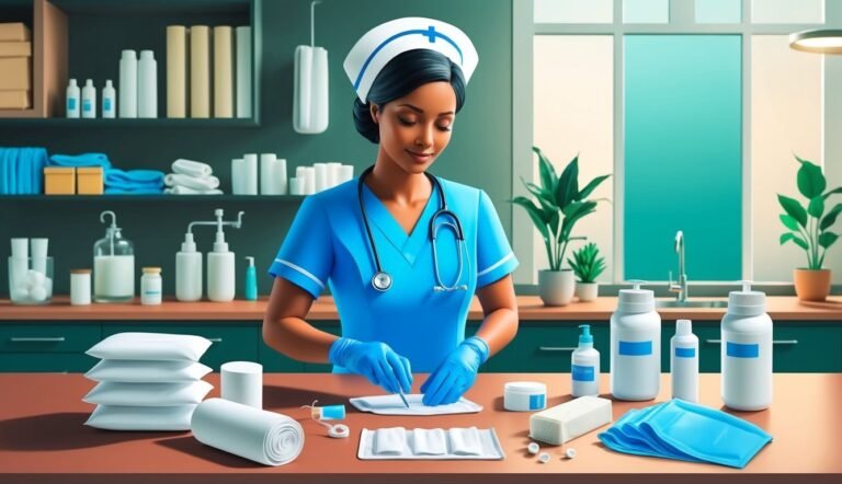 Nurse in blue scrubs preparing medical supplies on a counter