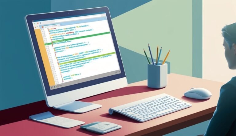 Person looking at computer screen with code, keyboard, mouse, and pencils