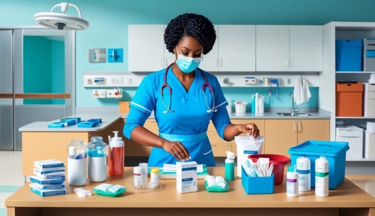Nurse in scrubs and mask organizing medical supplies on a table