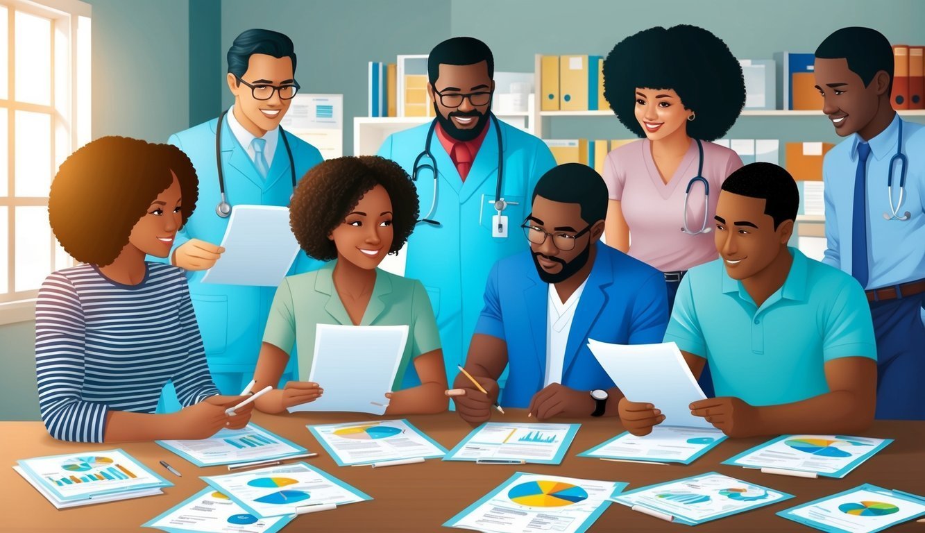 Diverse medical team reviewing charts and graphs around a table