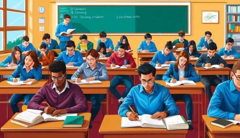 Students in a classroom writing at desks, teacher in the background