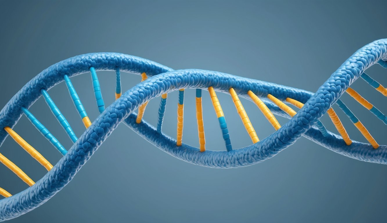 3D rendering of a DNA double helix with blue and yellow strands