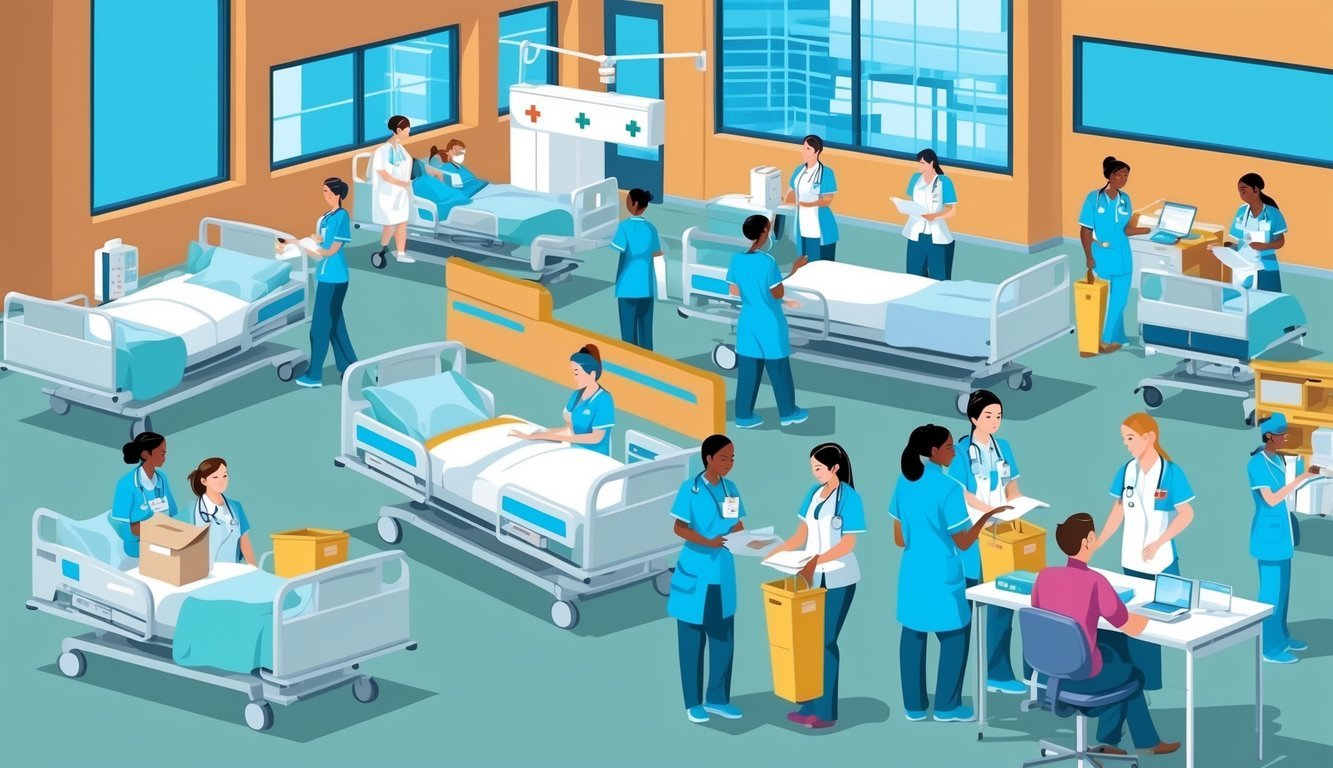 A bustling hospital with RNs and ADNs working in different areas, with RNs overseeing patient care and ADNs providing direct assistance