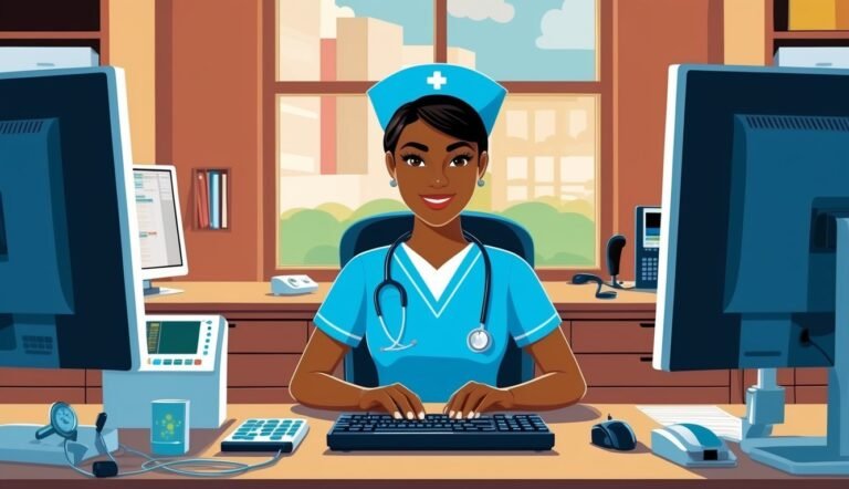 Smiling nurse in blue scrubs at a desk with two computer monitors